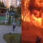 Un hombre esquiva por segundos el impacto de un dron ruso junto a una guardería en Ucrania